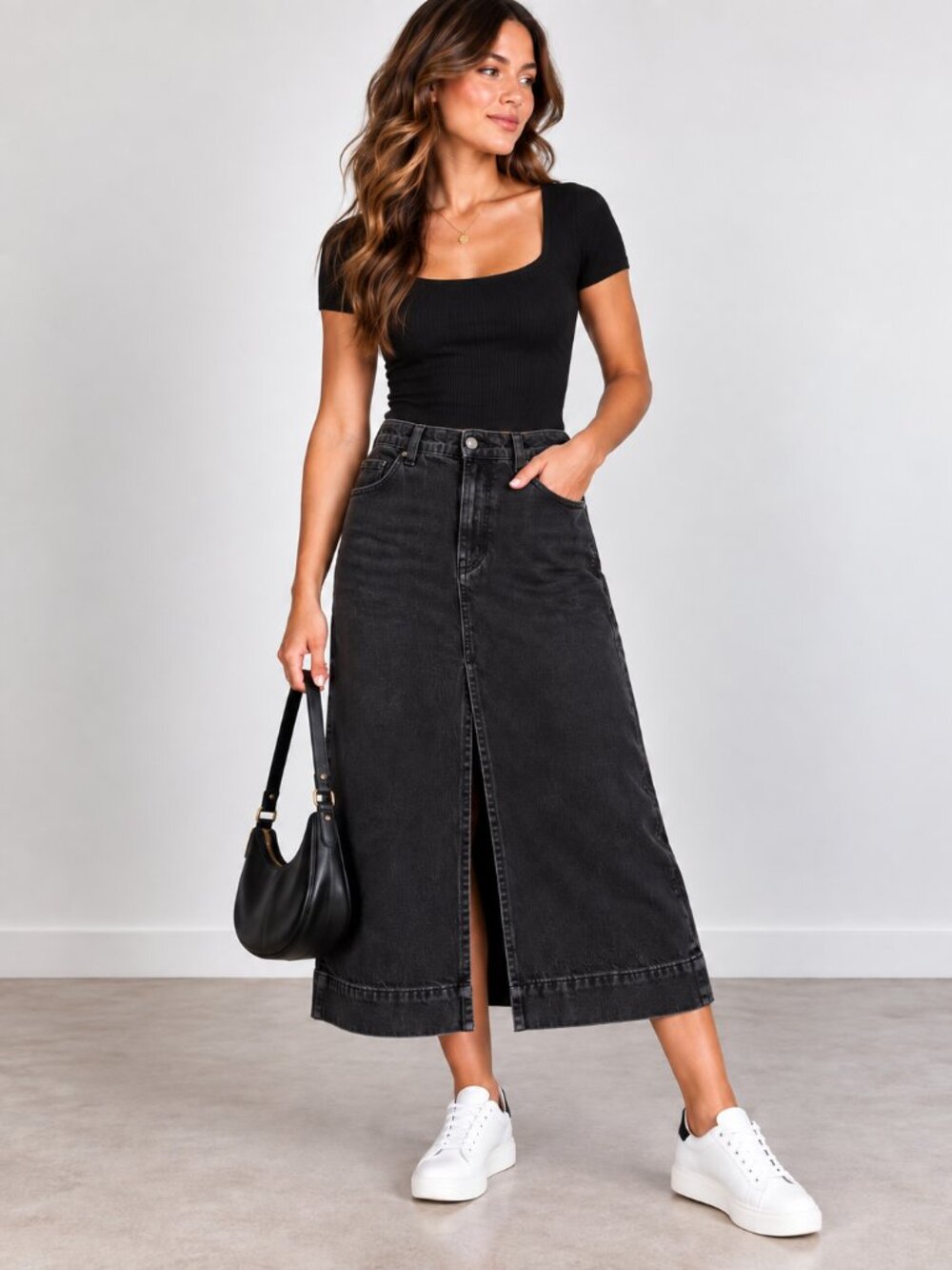 Free People We The Free Wild Roses Black Denim Midi Skirt NWT Size 25